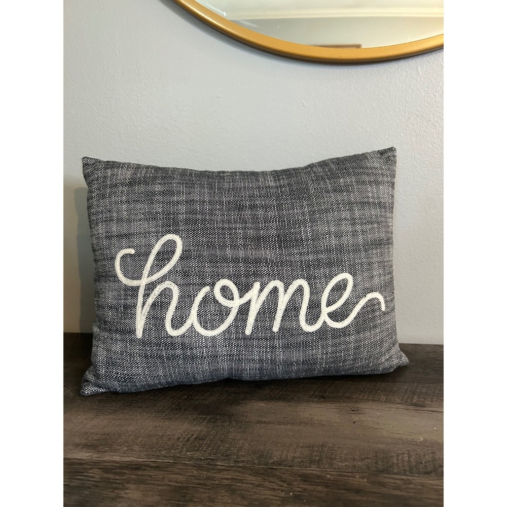 Home Embroidered Decorative Lumbar Throw Pillow Charcoal Gray White Woven Accent